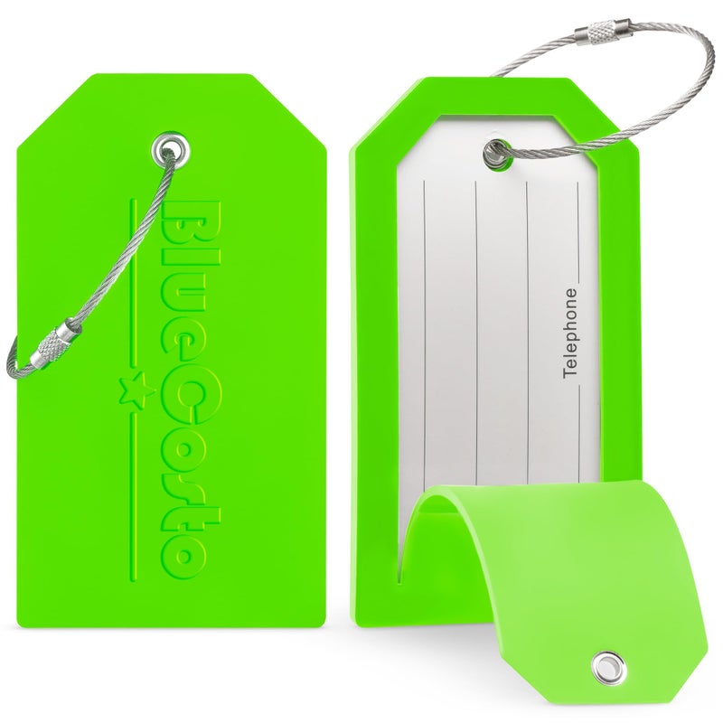 BlueCosto - Luggage tags - large, green, 5 pieces - PVC luggage tags with privacy screen and stainless steel wire loops - personalized luggage identification for travel - name labels for backpacks - Image 2
